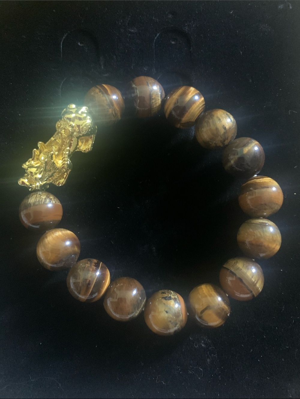 Tiger Eye Bead Bracelet with Gold Pixiu Accent - Brown